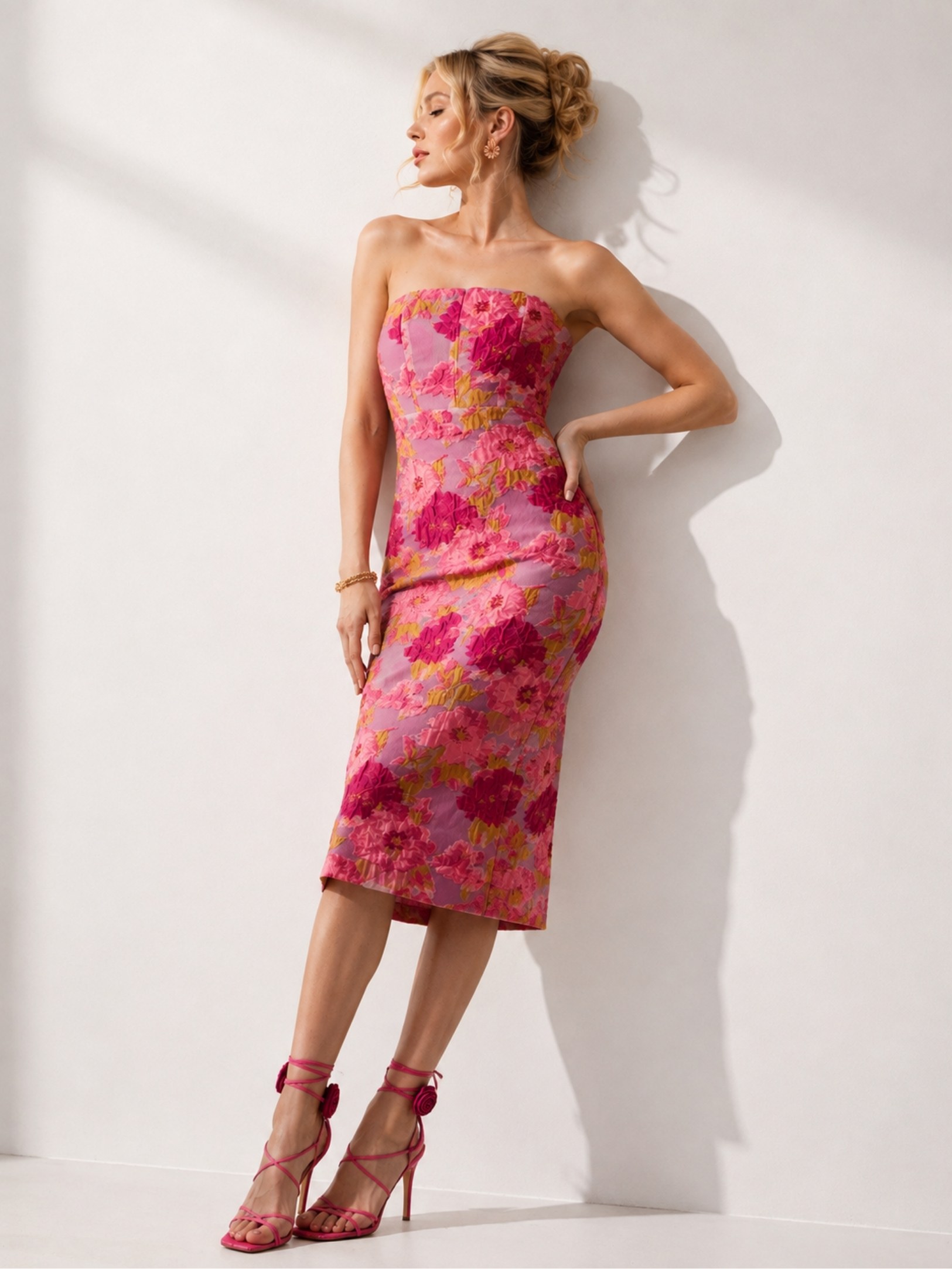 Pink Floral Strapless Midi Dress SK62348 - Image 2