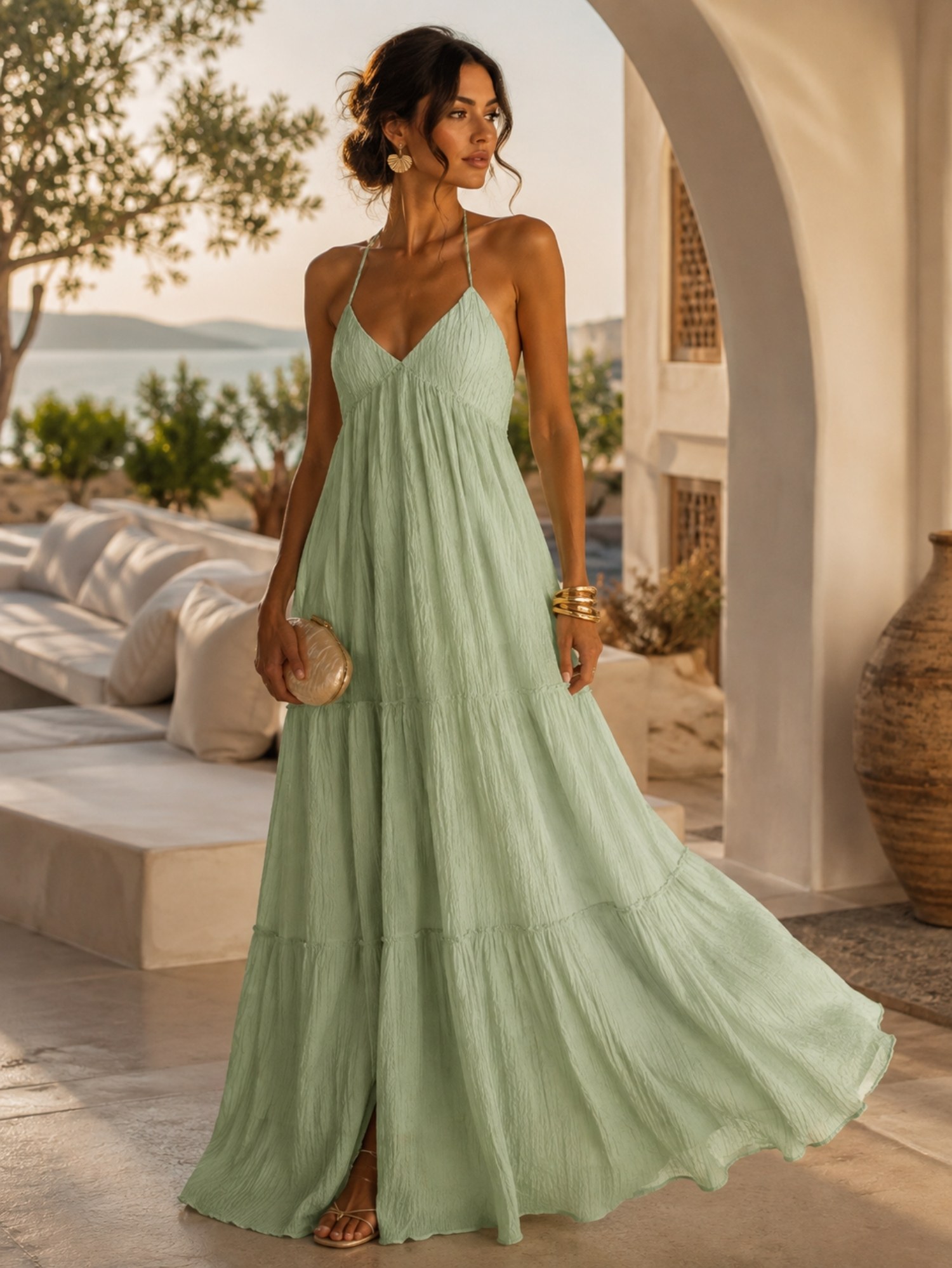 Ivory Halter Tiered Maxi Dress SK62396 - Image 3