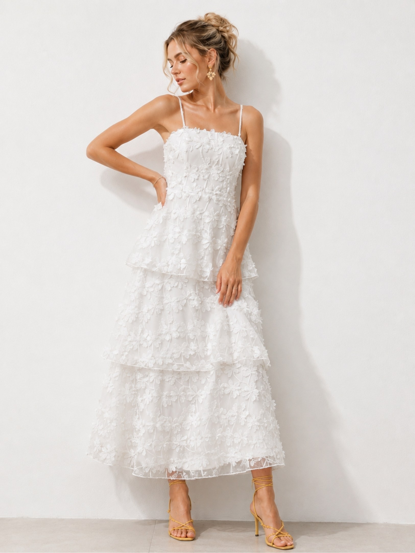 Ivory Floral Embroidered Tiered Maxi Dress SK62333 - Image 3