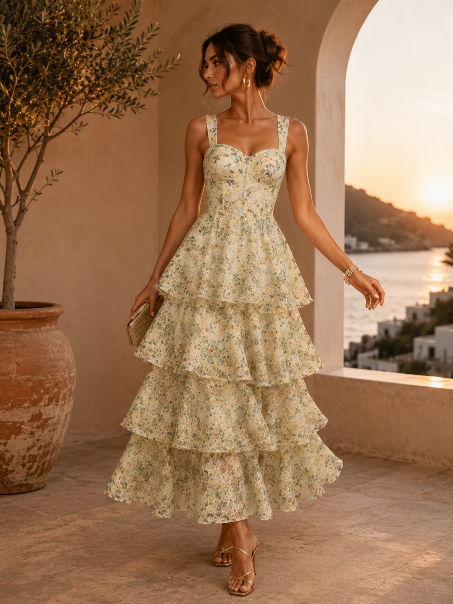 Ivory Floral Tiered Ruffle Midi Dress SK62355 - Image 4