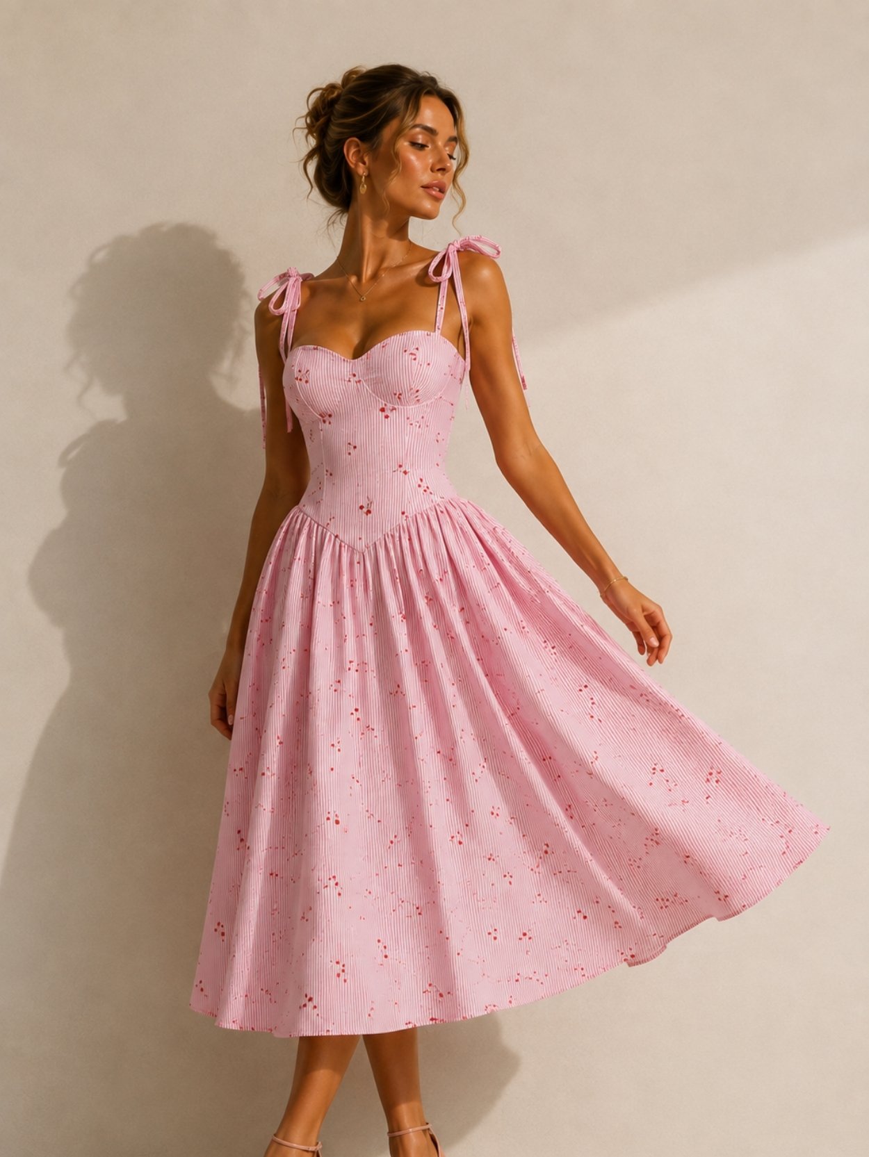 Cherry Stripe Bow Strap Midi Dress SK62211 - Image 5