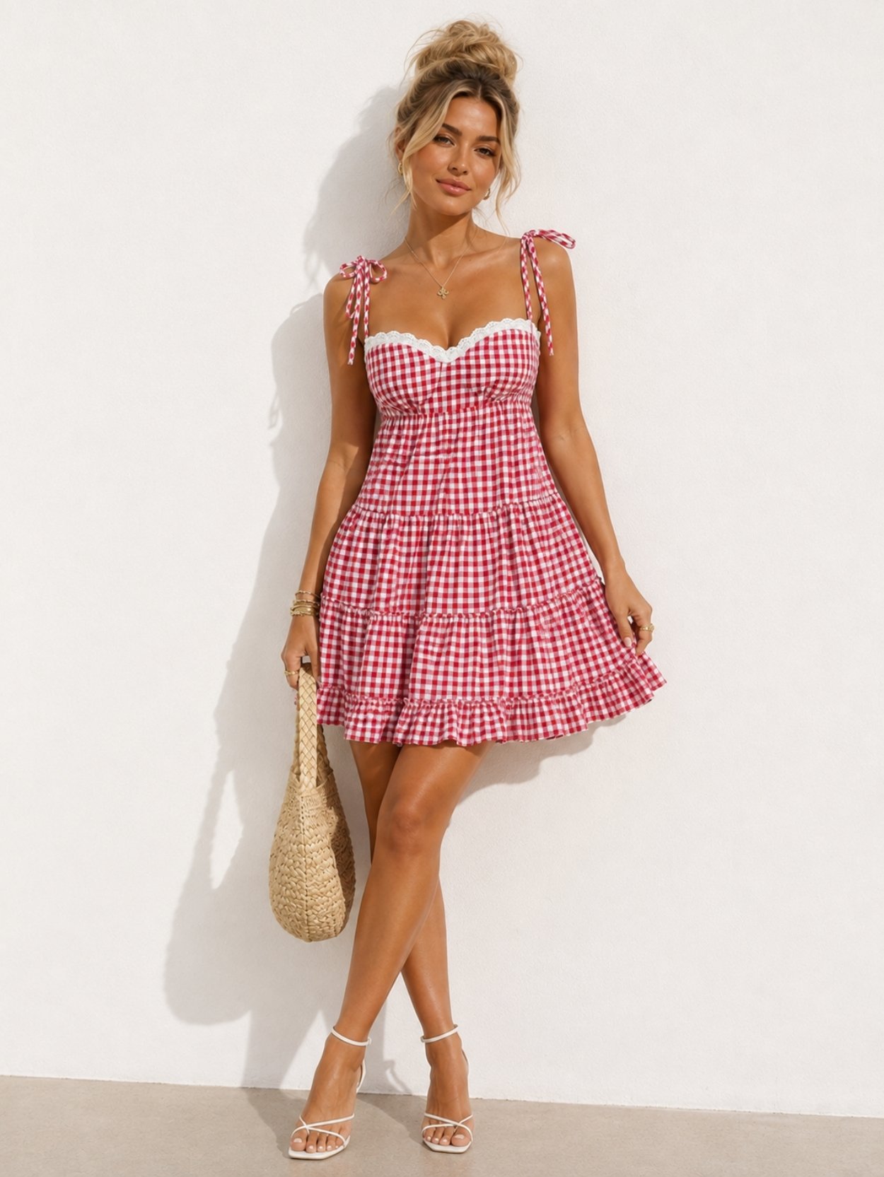 Red Gingham Lace Trim Babydoll Mini Dress SK62229