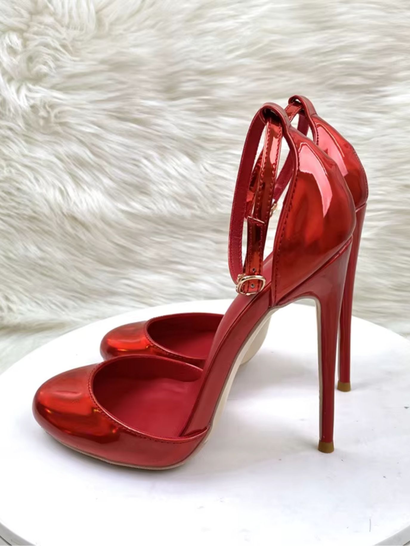 Red Patent Leather Stiletto Ankle Strap Pumps SK62619 - Image 3