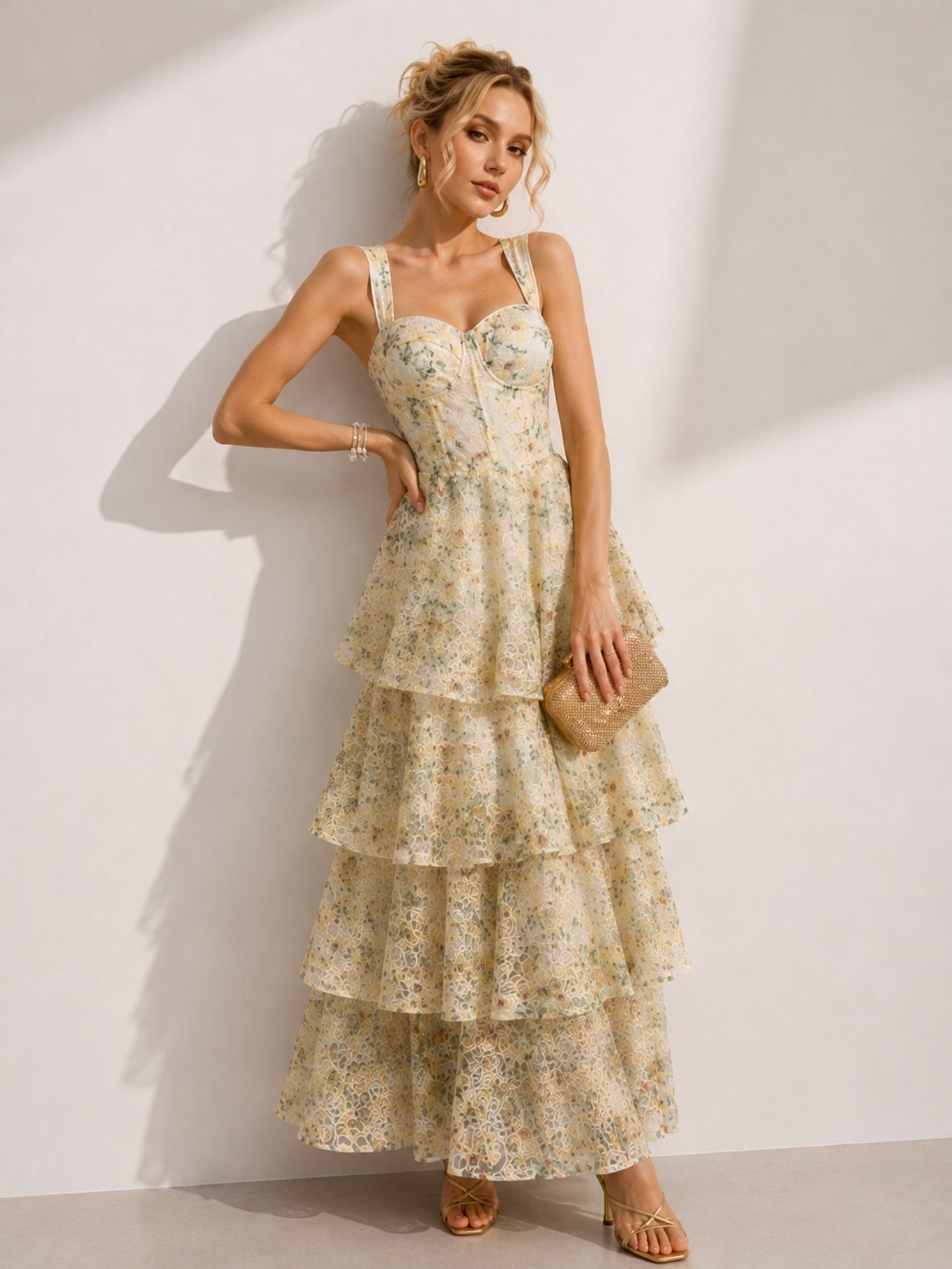 Ivory Floral Tiered Ruffle Midi Dress SK62355 - Image 3