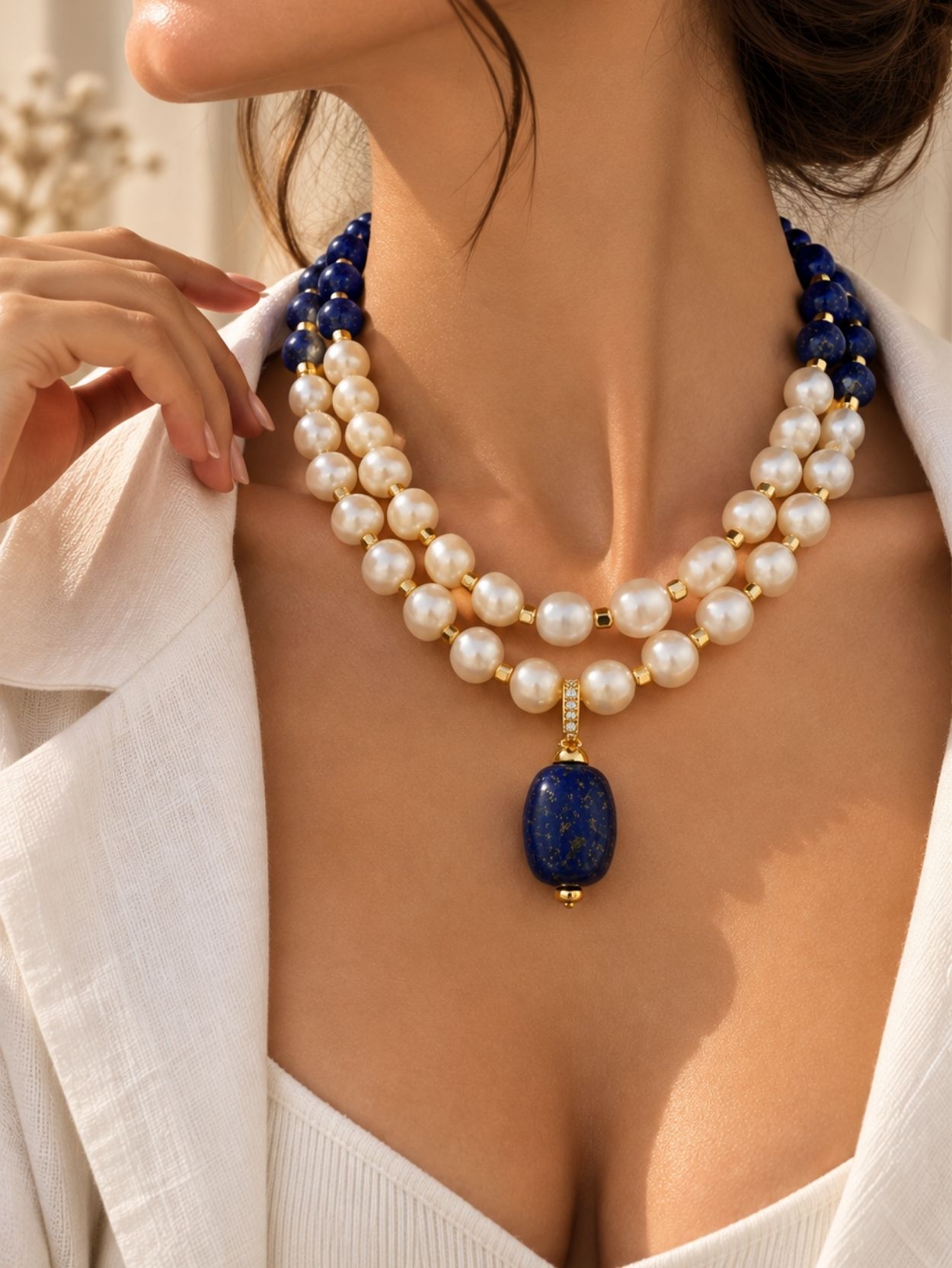 Lapis Lazuli & Pearl 2-Piece Layered Necklace Set SK63100 - Image 2