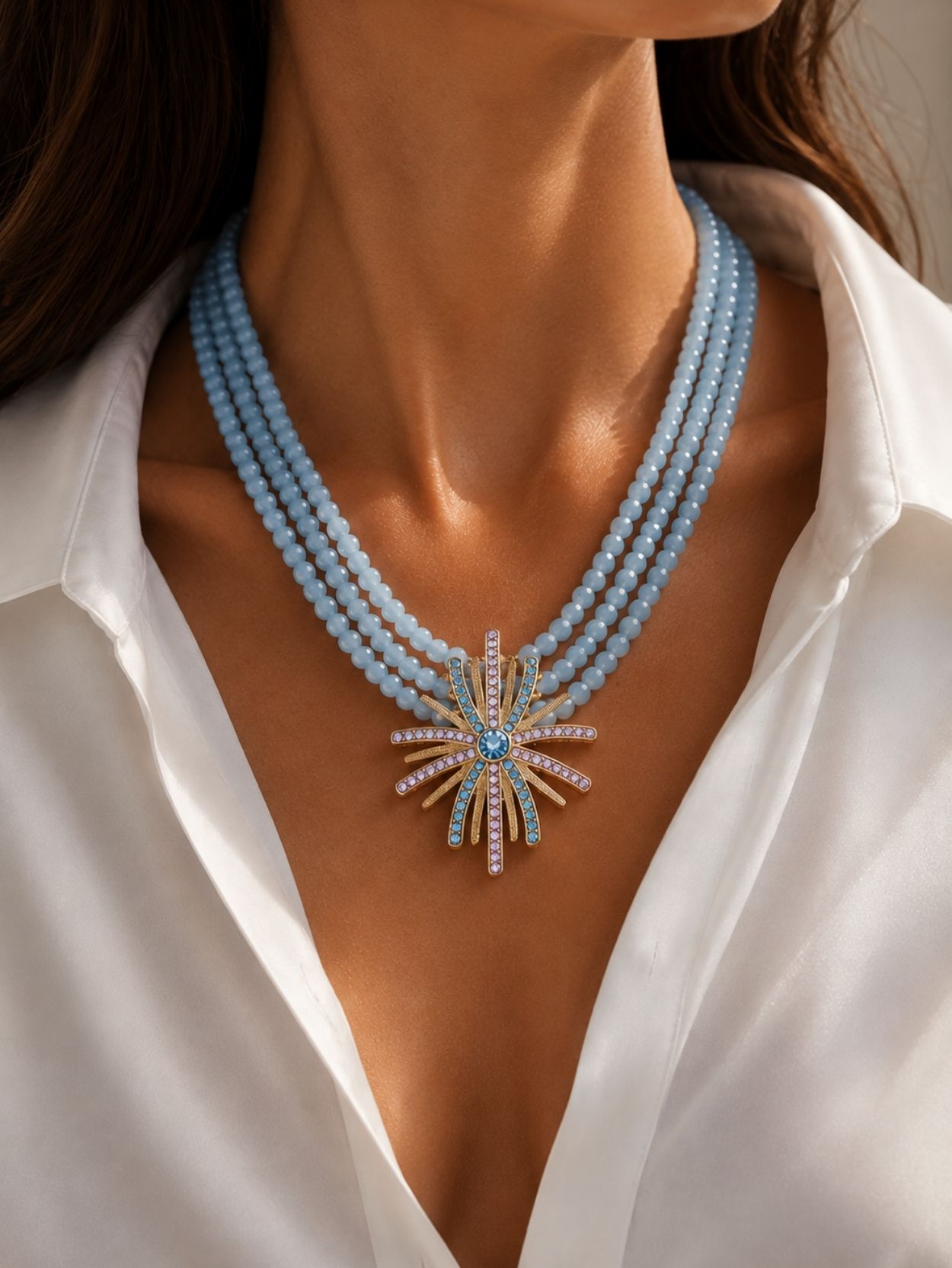 Aquamarine Multi-Strand Sunflower Necklace SK62809