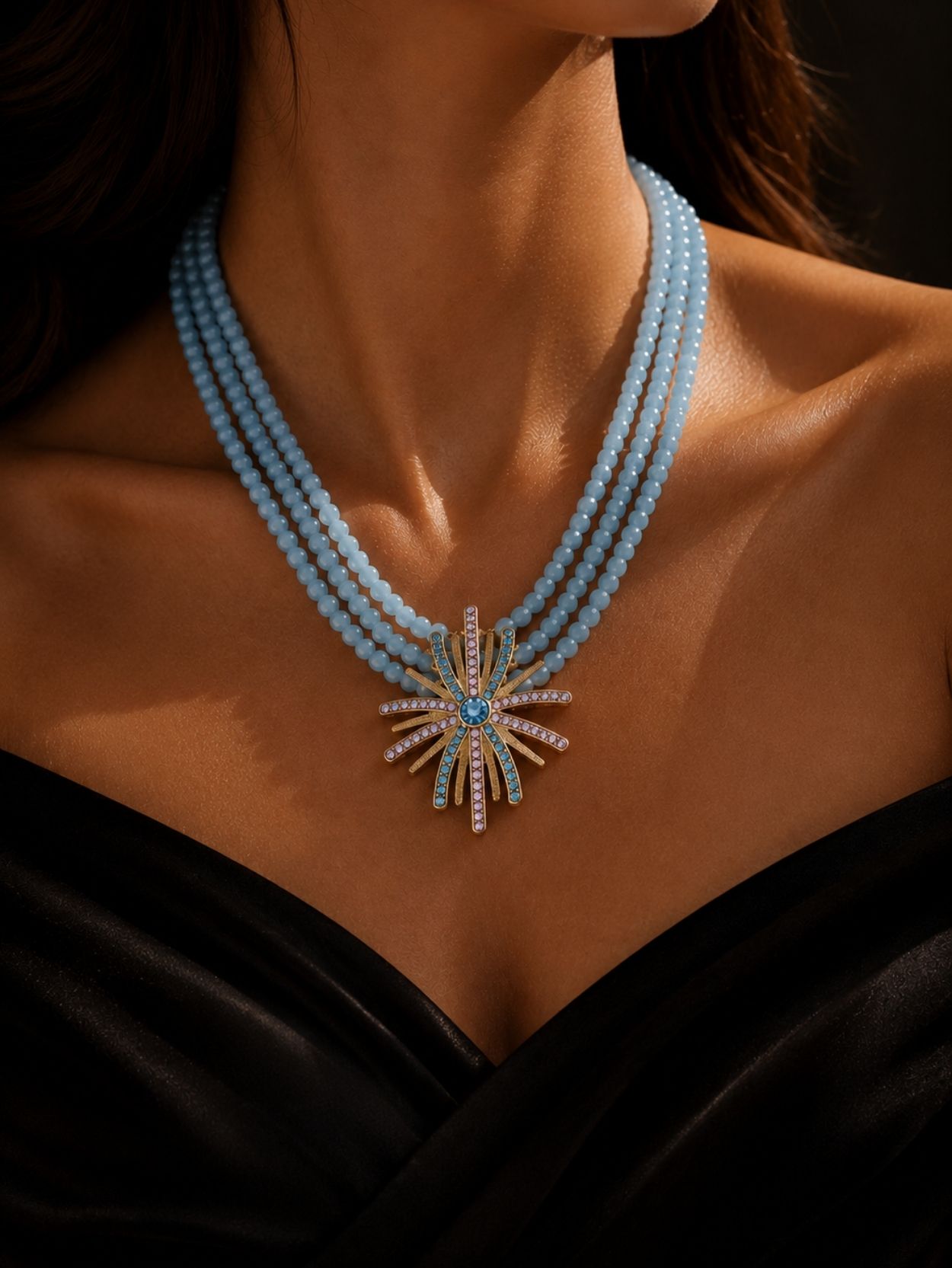 Aquamarine Multi-Strand Sunflower Necklace SK62809 - Image 2