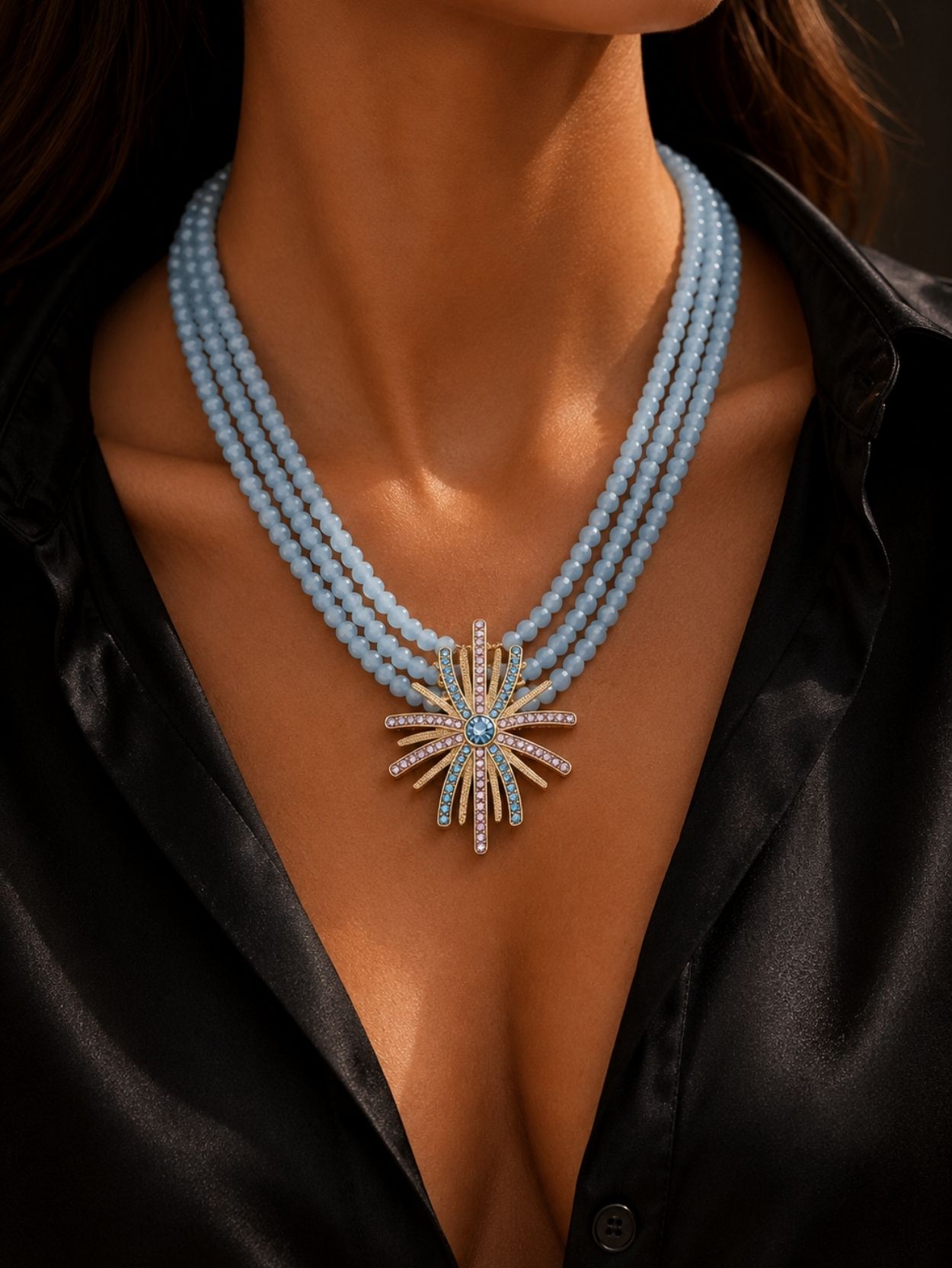 Aquamarine Multi-Strand Sunflower Necklace SK62809 - Image 3