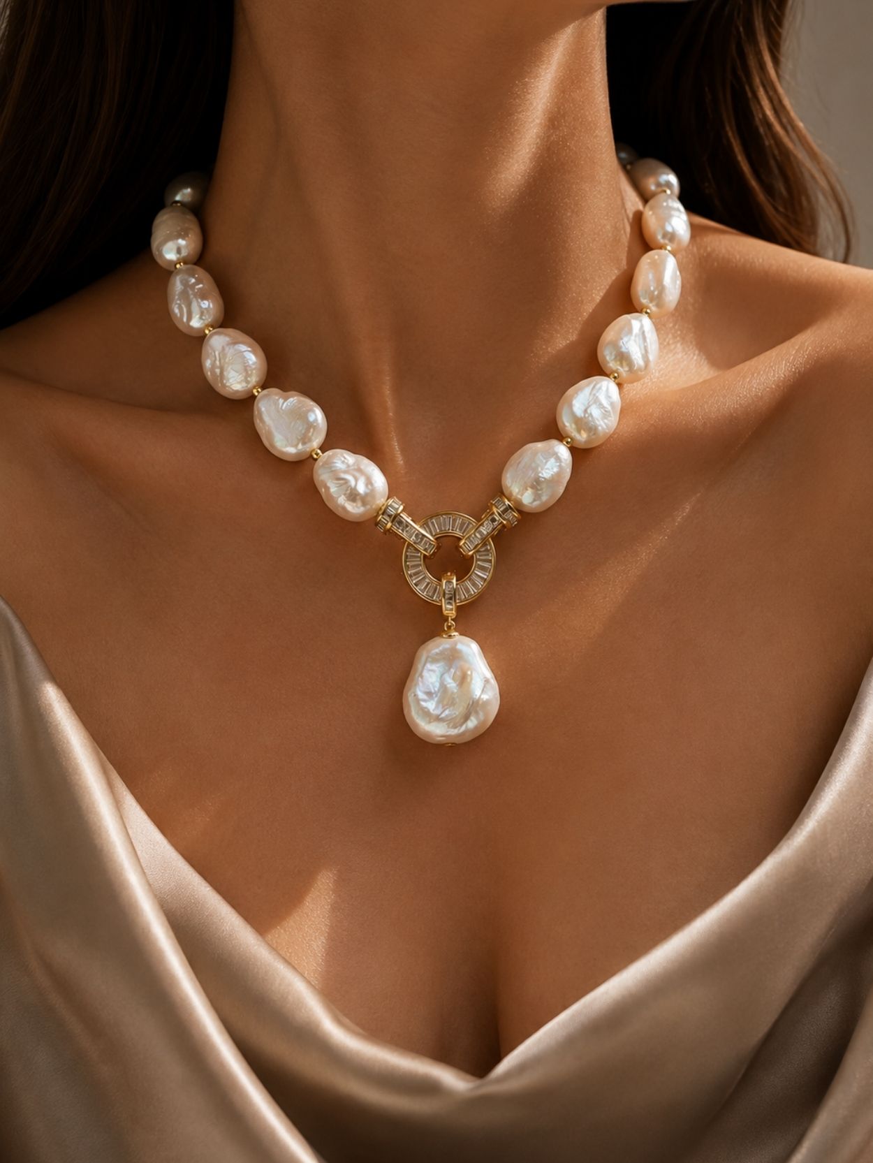 Baroque Pearl Statement Necklace with Gold Pendant SK62816 - Image 2