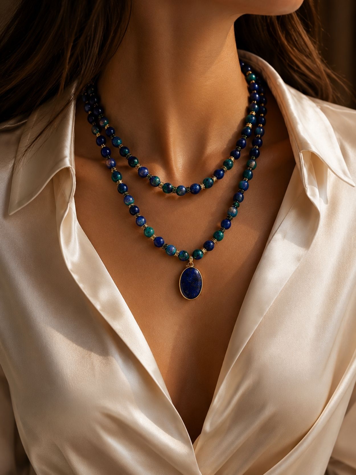 Lapis Lazuli Double Layer Necklace Set SK62785 - Image 2
