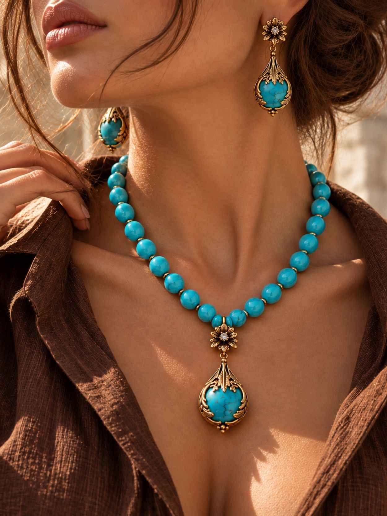 Vintage Turquoise Necklace and Earrings Set with Teardrop Pendant SK63170 - Image 3