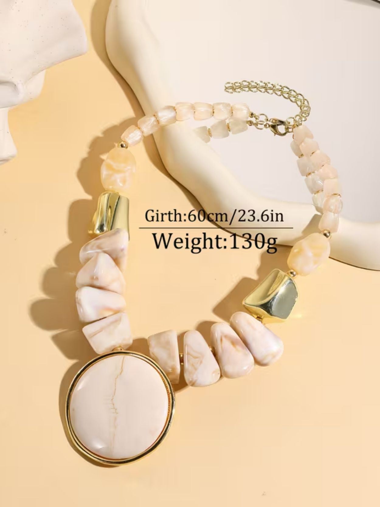 Cream Beaded Statement Necklace with Resin Pendant SK62909 - Image 5