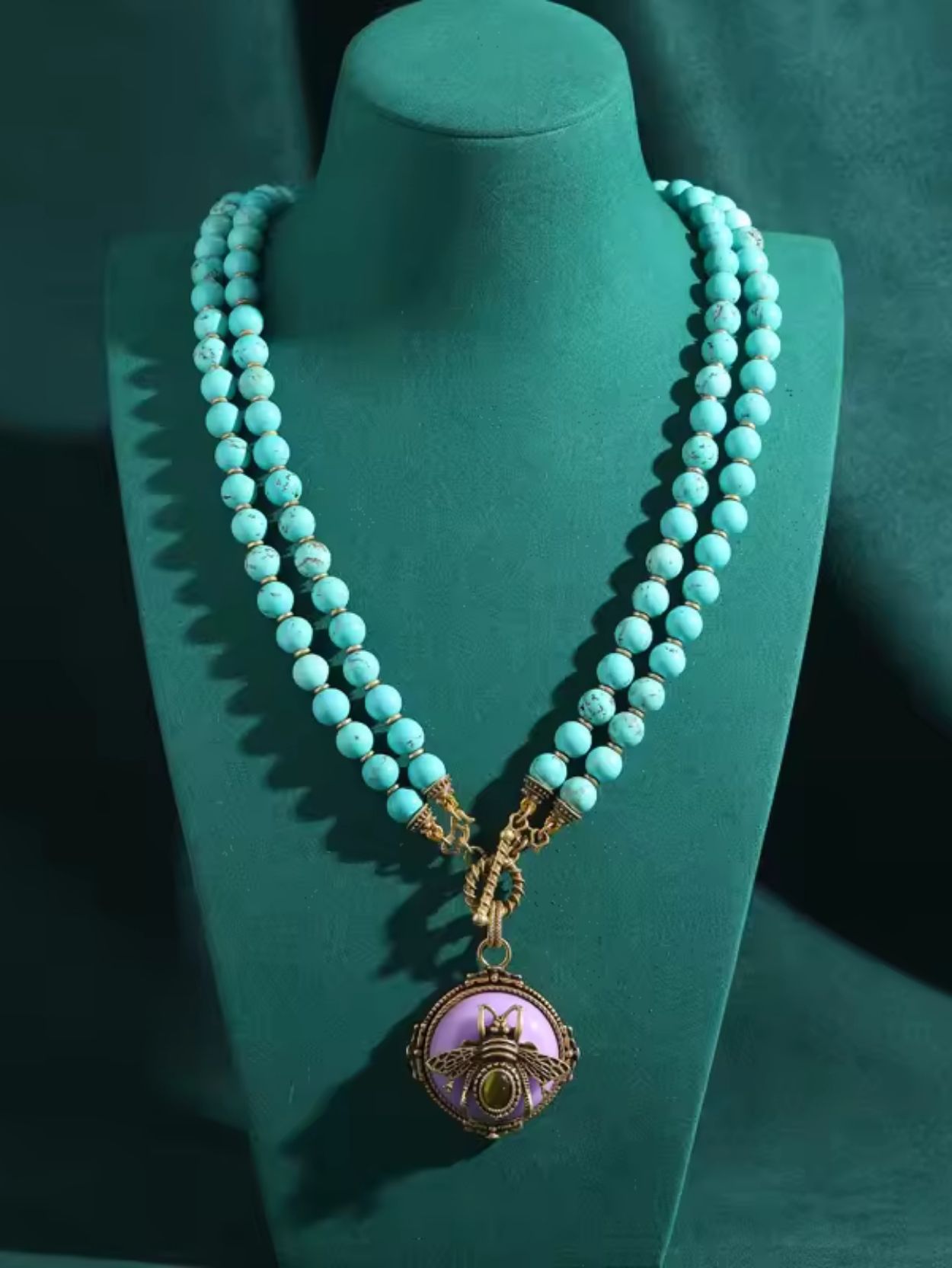 Green Natural Stone Double Layer Necklace with Purple Bee Pendant SK63150 - Image 5