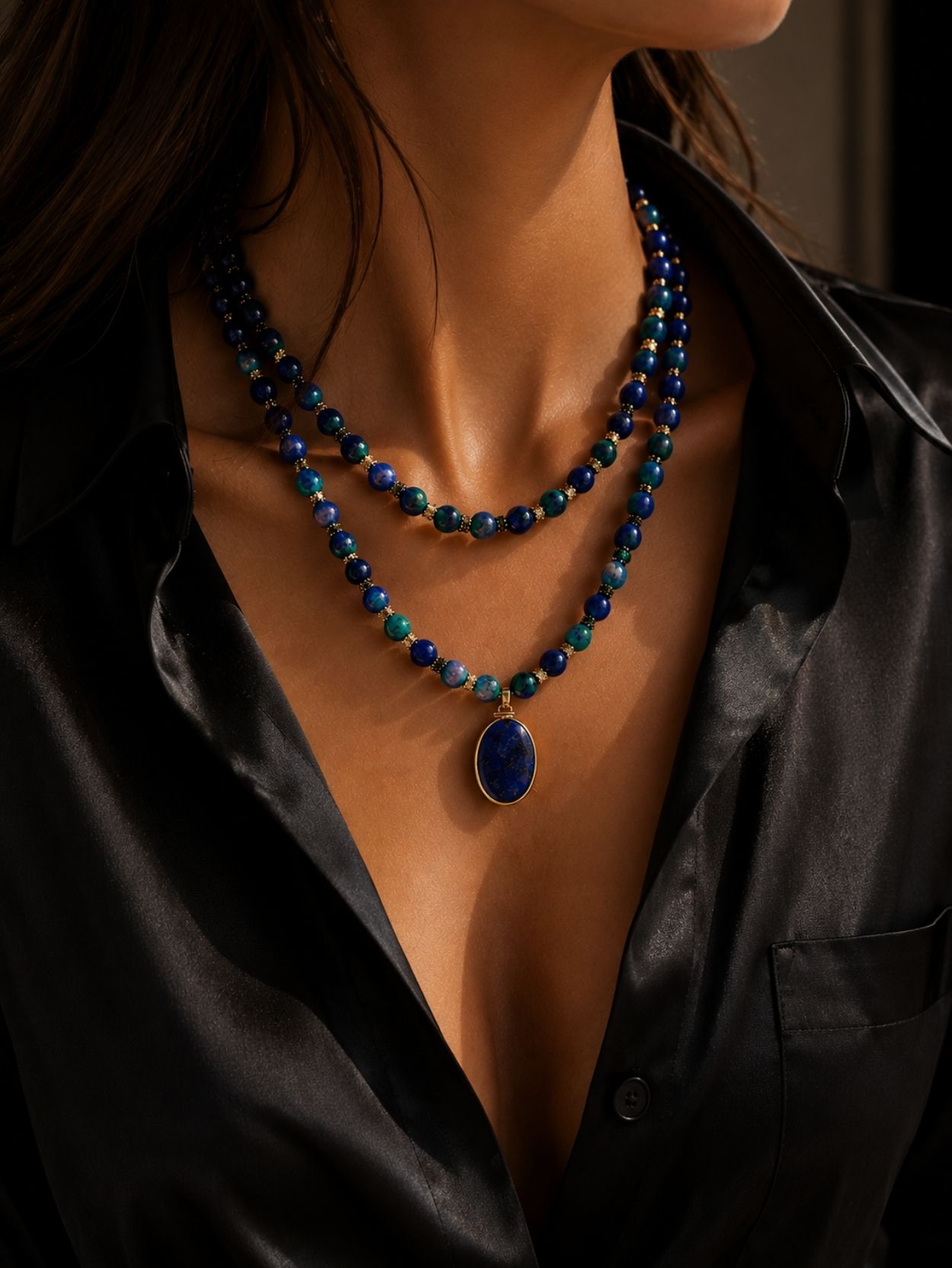 Lapis Lazuli Double Layer Necklace Set SK62785 - Image 3