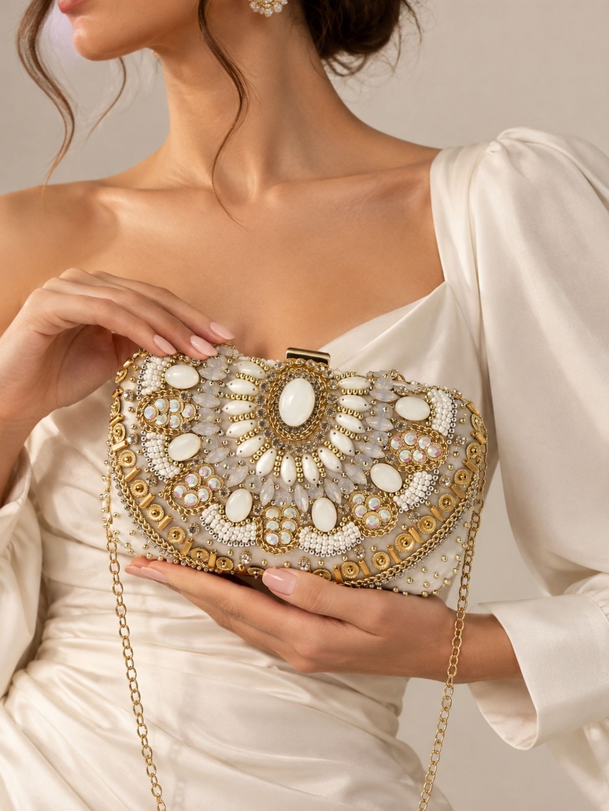 Beaded Evening Clutch Bag Gold White Statement Purse SK62981