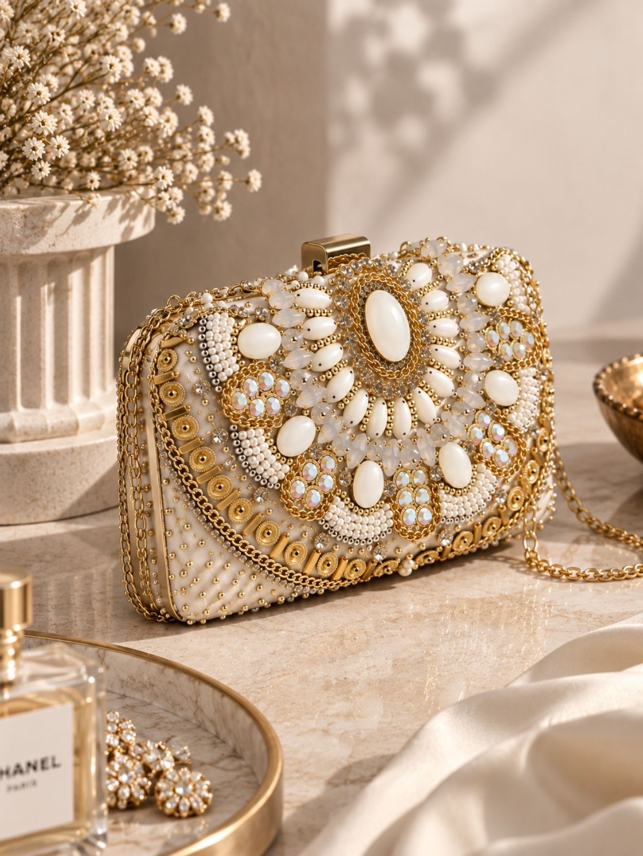 Beaded Evening Clutch Bag Gold White Statement Purse SK62981 - Image 5