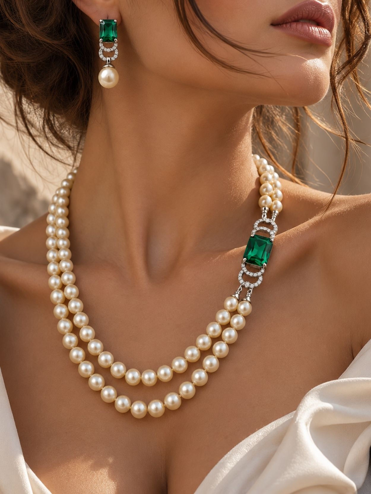 Emerald Green Pearl Necklace and Earrings Set SK63176