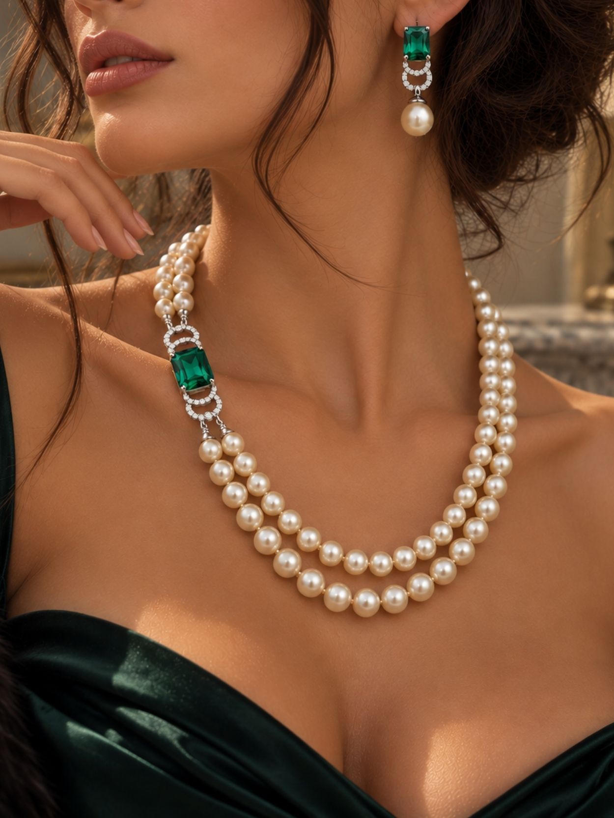 Emerald Green Pearl Necklace and Earrings Set SK63176 - Image 4