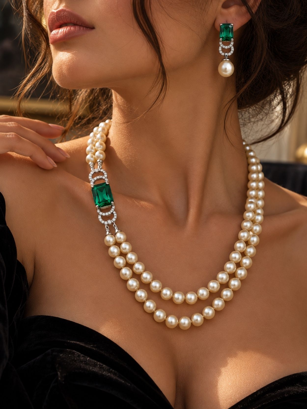 Emerald Green Pearl Necklace and Earrings Set SK63176 - Image 2