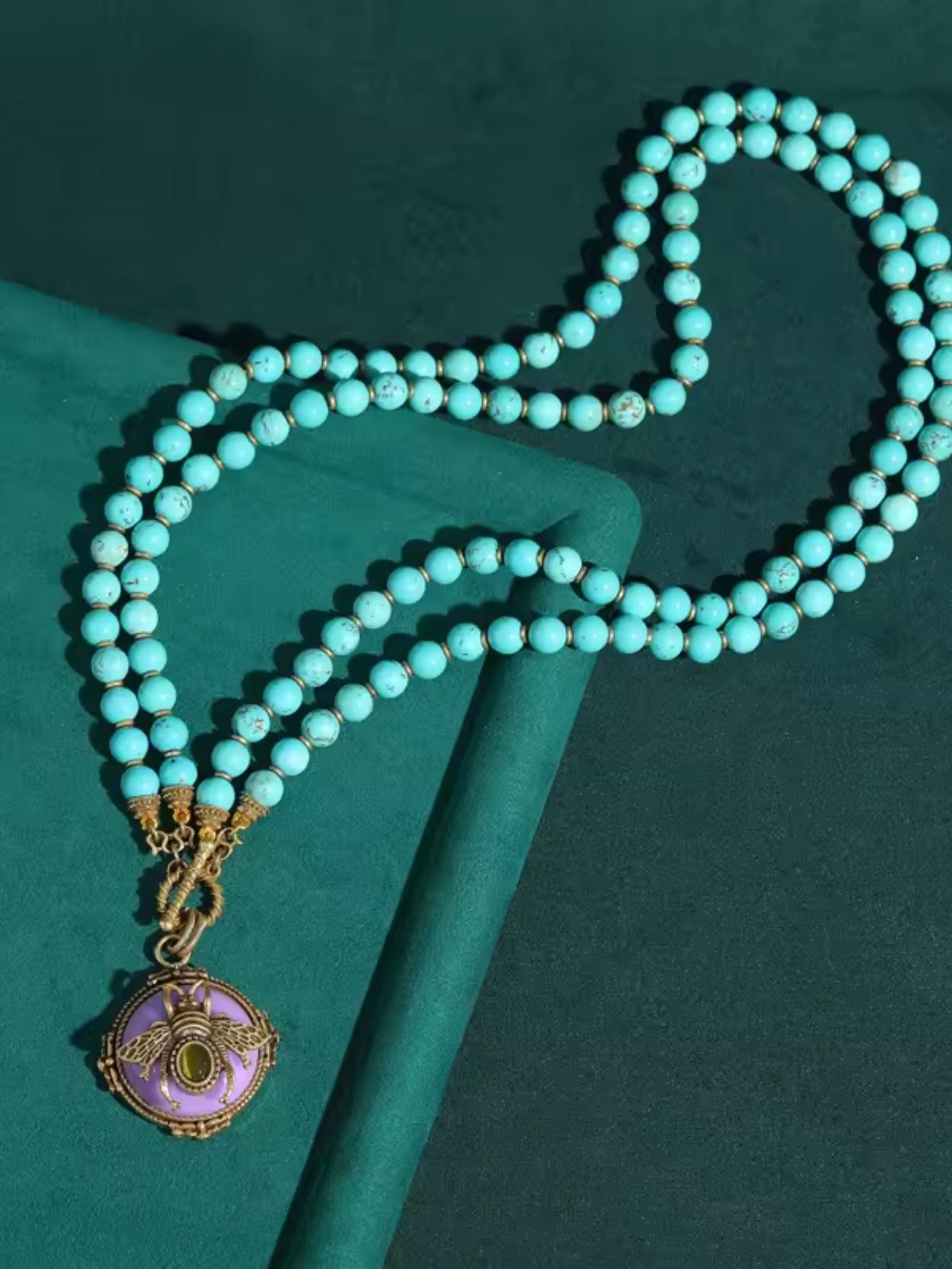 Green Natural Stone Double Layer Necklace with Purple Bee Pendant SK63150 - Image 6