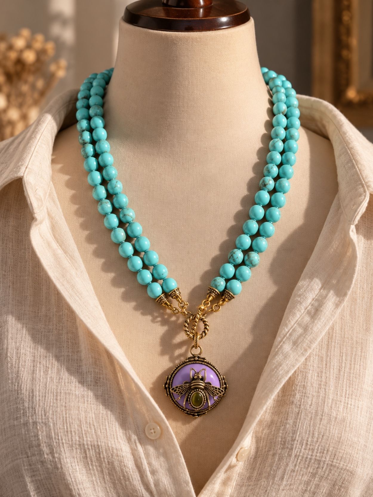 Green Natural Stone Double Layer Necklace with Purple Bee Pendant SK63150 - Image 4