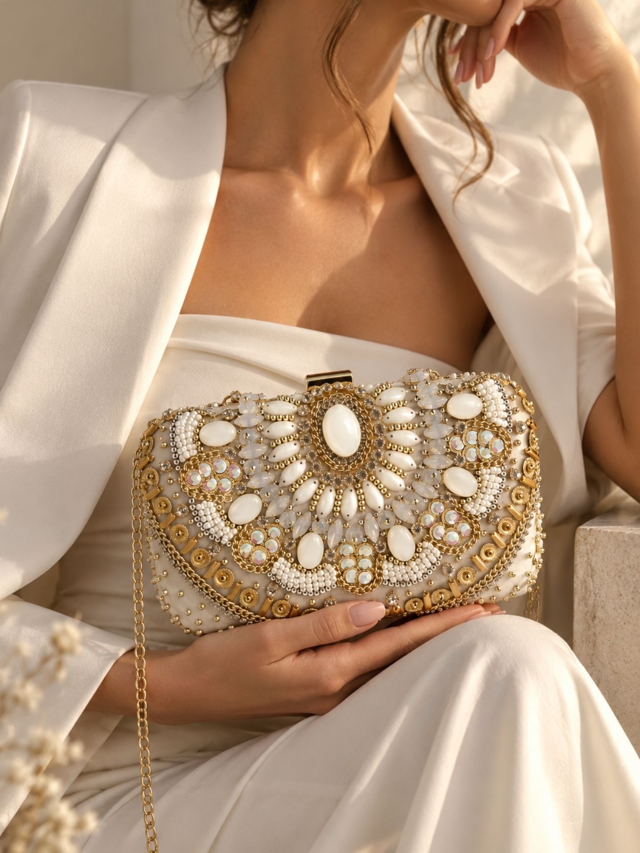 Beaded Evening Clutch Bag Gold White Statement Purse SK62981 - Image 2