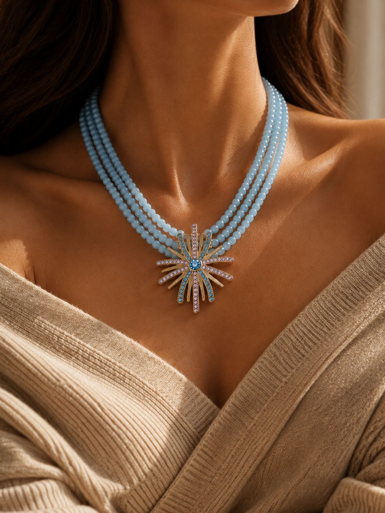 Aquamarine Multi-Strand Sunflower Necklace SK62809 - Image 4