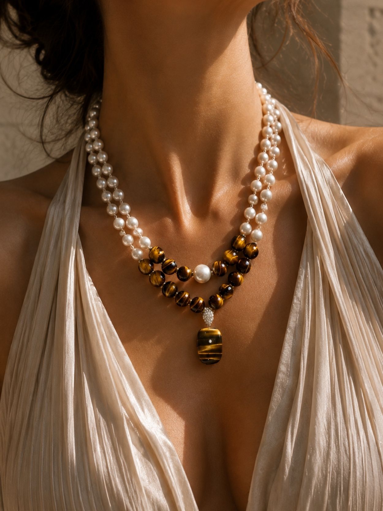 Tiger Eye & Freshwater Pearl 2-Piece Necklace Set SK62839 - Image 2