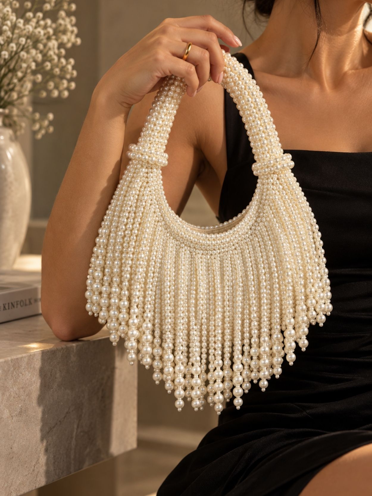 Pearl Beaded Fringe Shoulder Bag SK63010