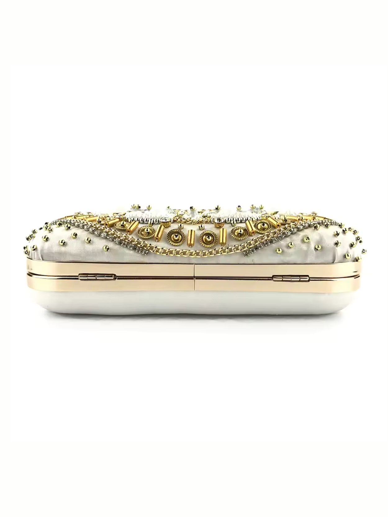 Beaded Evening Clutch Bag Gold White Statement Purse SK62981 - Image 4