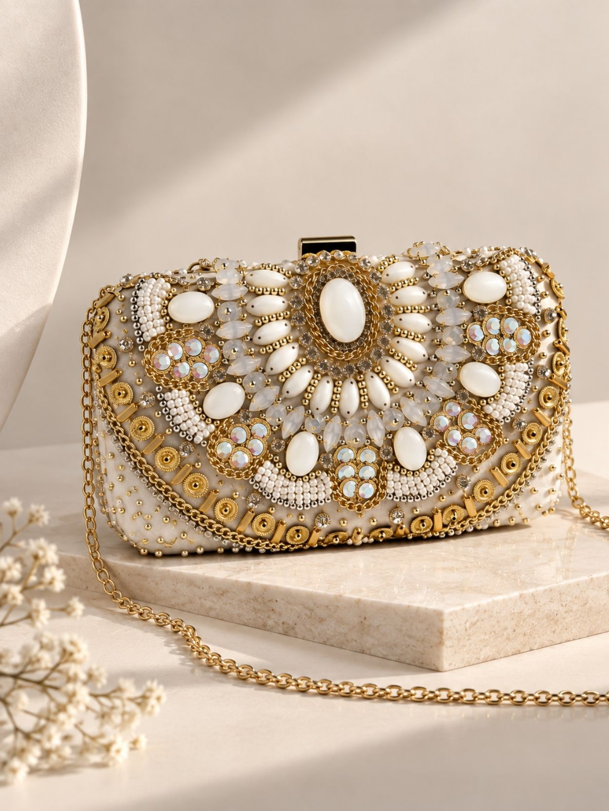 Beaded Evening Clutch Bag Gold White Statement Purse SK62981 - Image 3