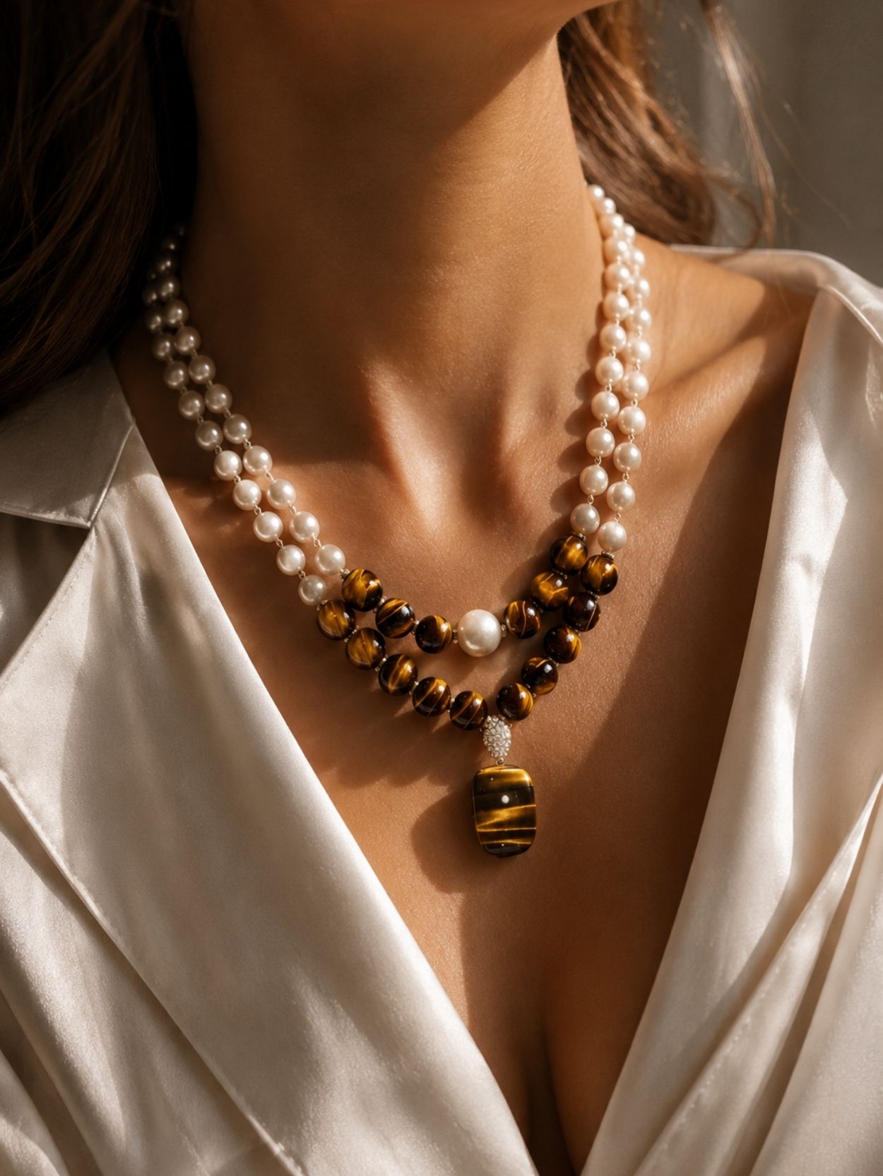 Tiger Eye & Freshwater Pearl 2-Piece Necklace Set SK62839 - Image 3