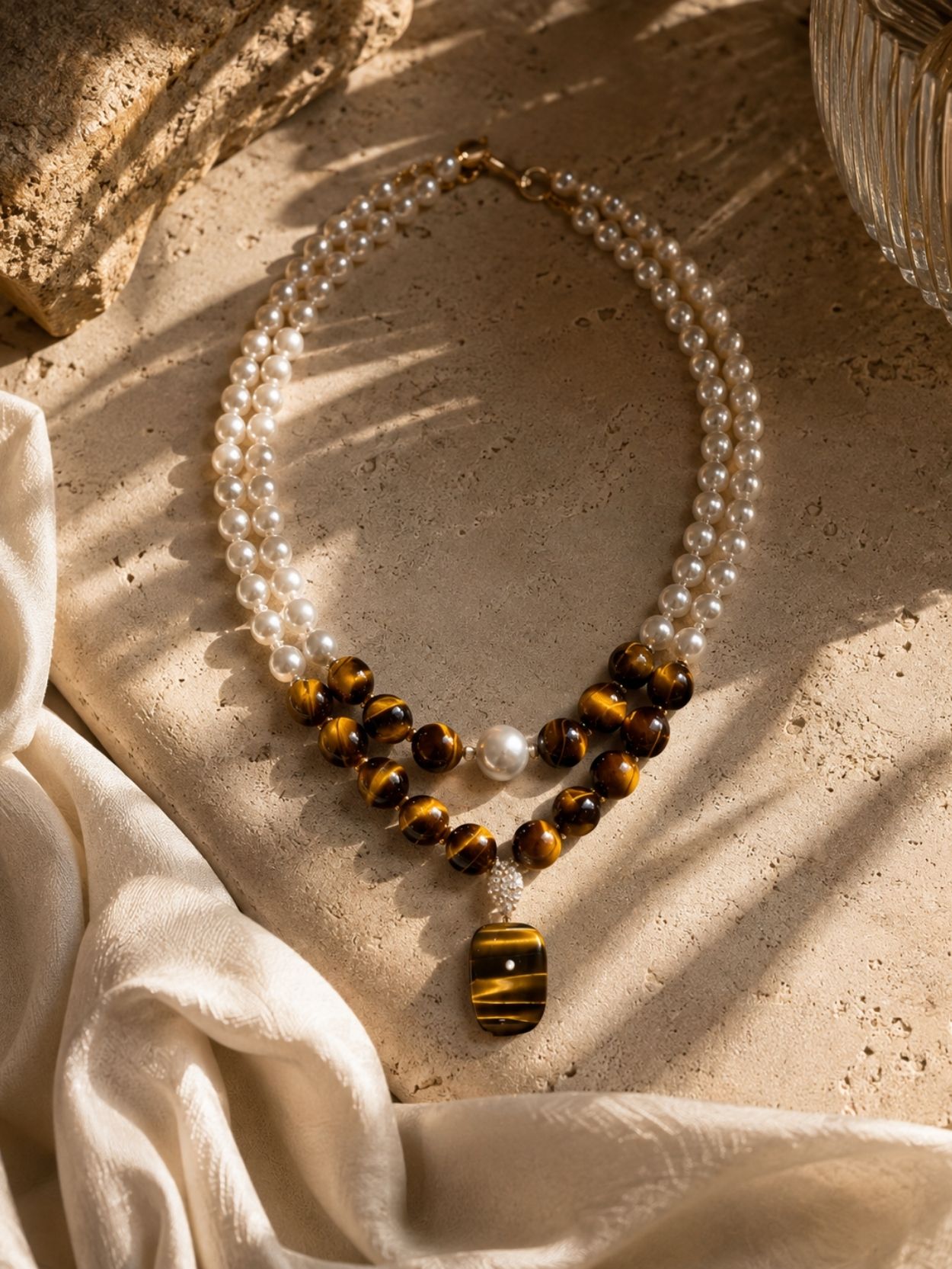 Tiger Eye & Freshwater Pearl 2-Piece Necklace Set SK62839 - Image 5
