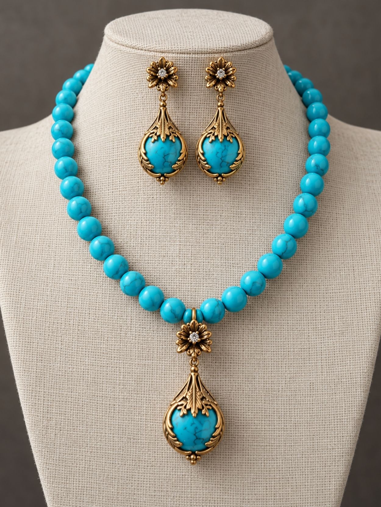 Vintage Turquoise Necklace and Earrings Set with Teardrop Pendant SK63170 - Image 4