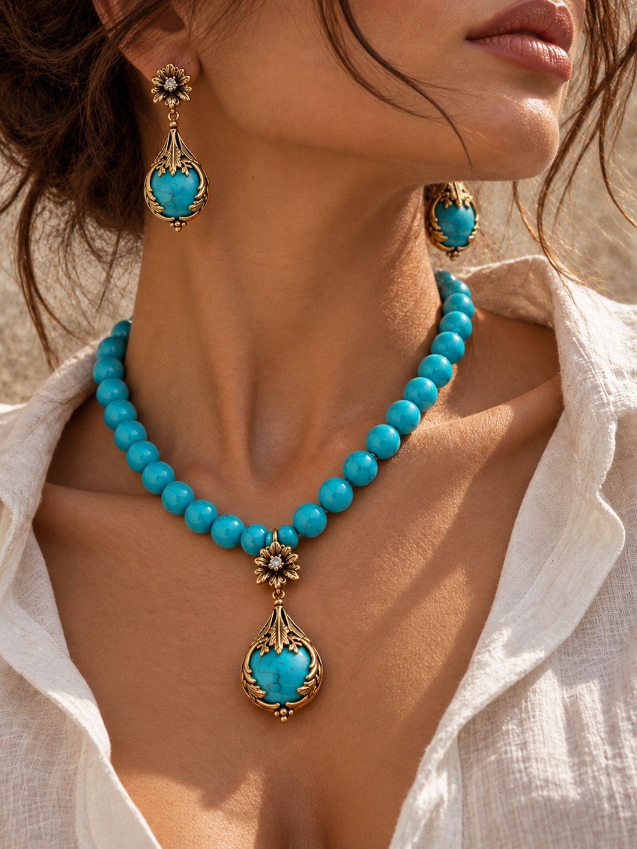 Vintage Turquoise Necklace and Earrings Set with Teardrop Pendant SK63170 - Image 2
