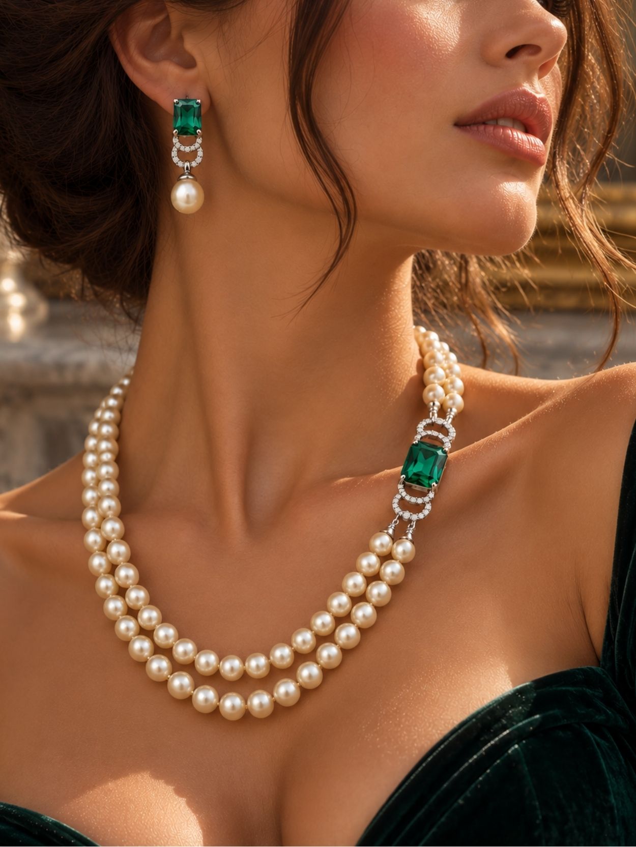 Emerald Green Pearl Necklace and Earrings Set SK63176 - Image 3