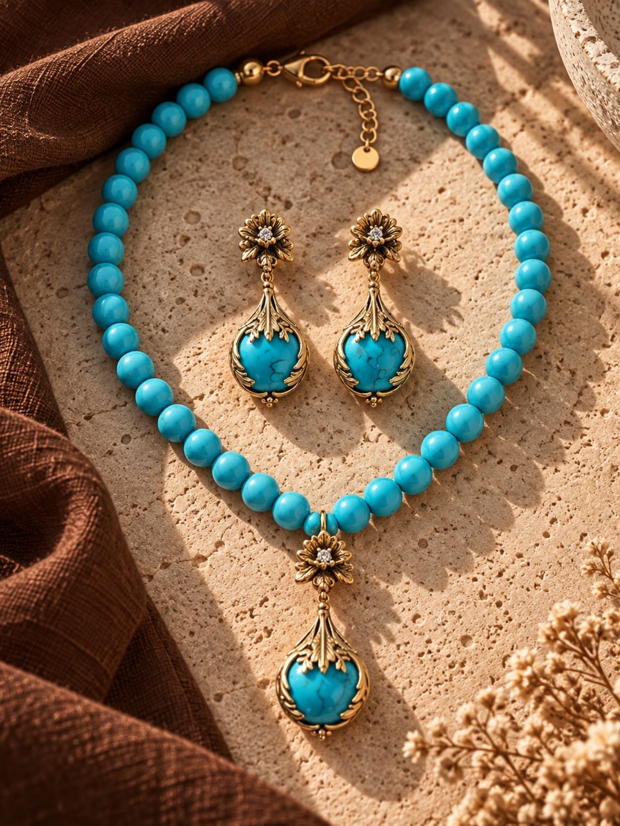 Vintage Turquoise Necklace and Earrings Set with Teardrop Pendant SK63170 - Image 5