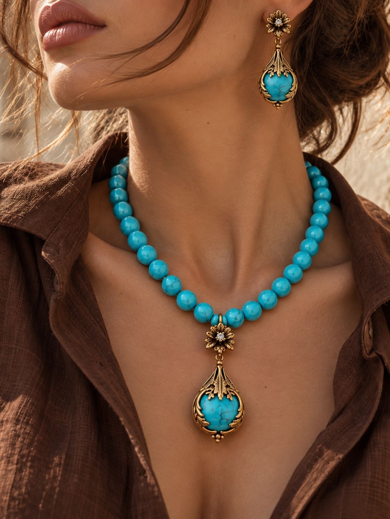 Vintage Turquoise Necklace and Earrings Set with Teardrop Pendant SK63170