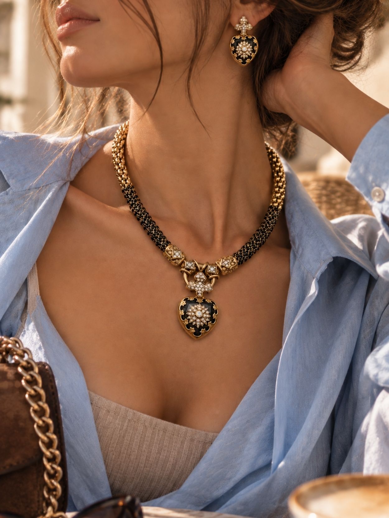 Black & Gold Rhinestone Necklace and Earrings Set SK63106