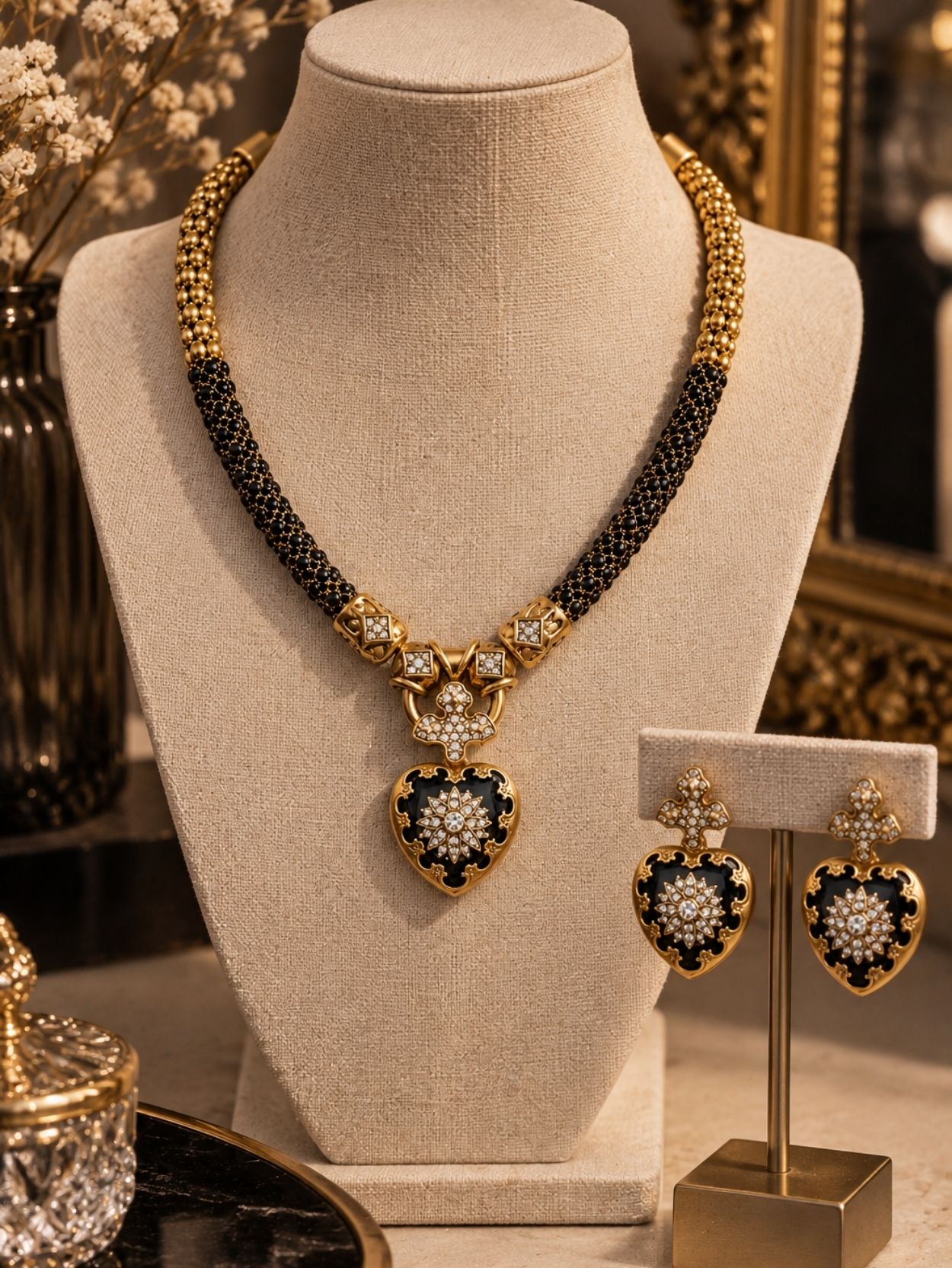 Black & Gold Rhinestone Necklace and Earrings Set SK63106 - Image 4