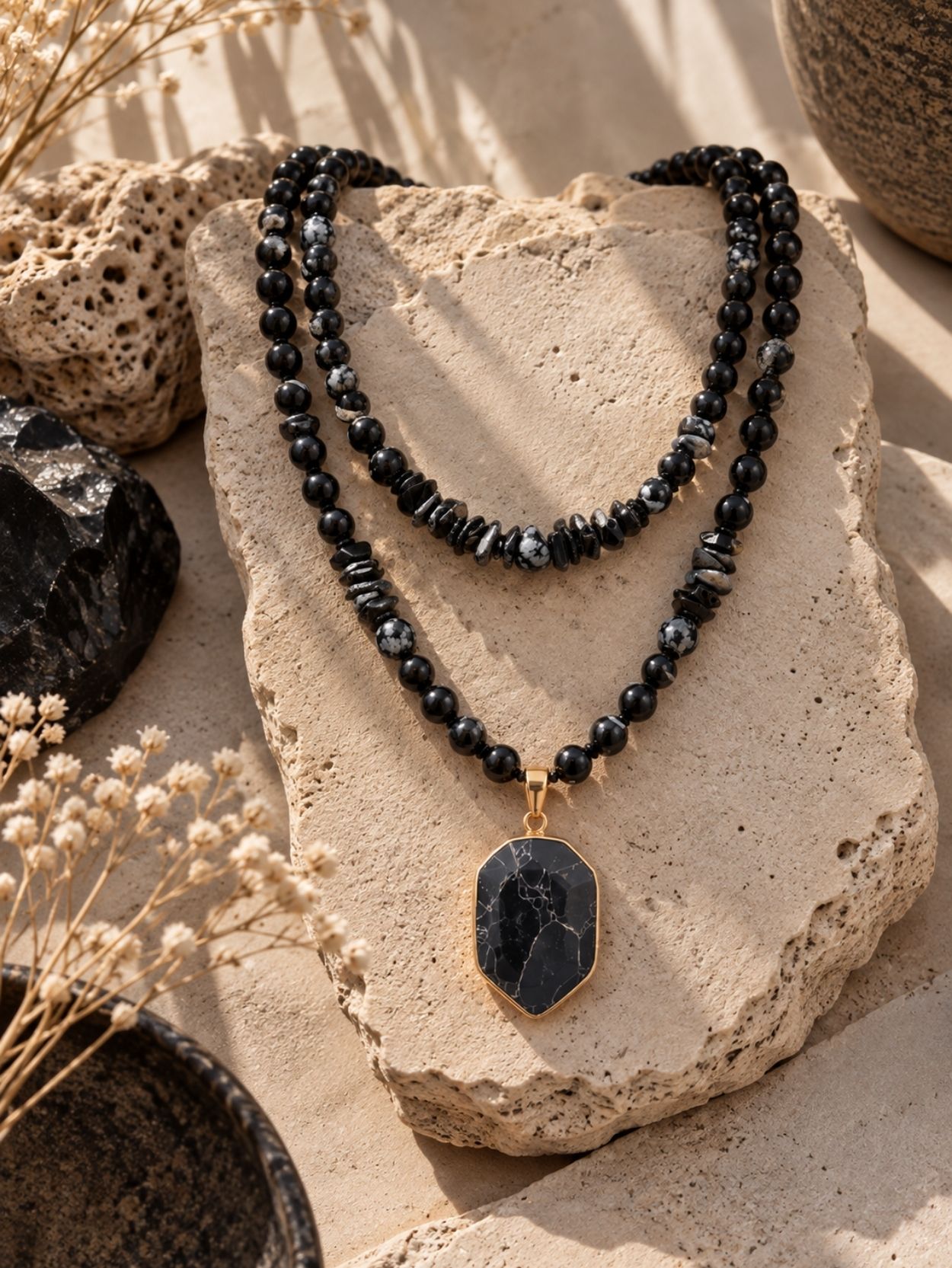 Black Obsidian & Onyx Beaded Necklace Set for Men & Women SK63070 - Image 5