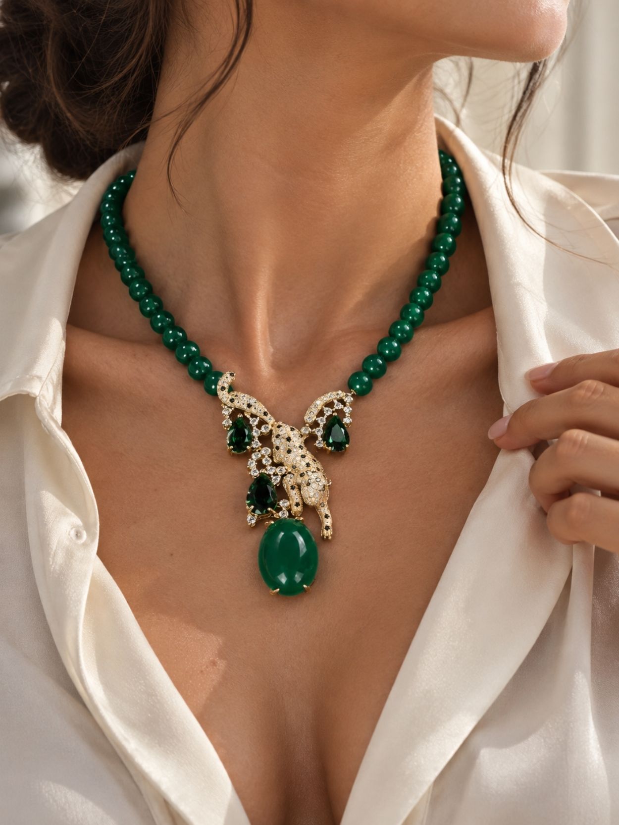 Green Agate Leopard Pendant Necklace SK63113