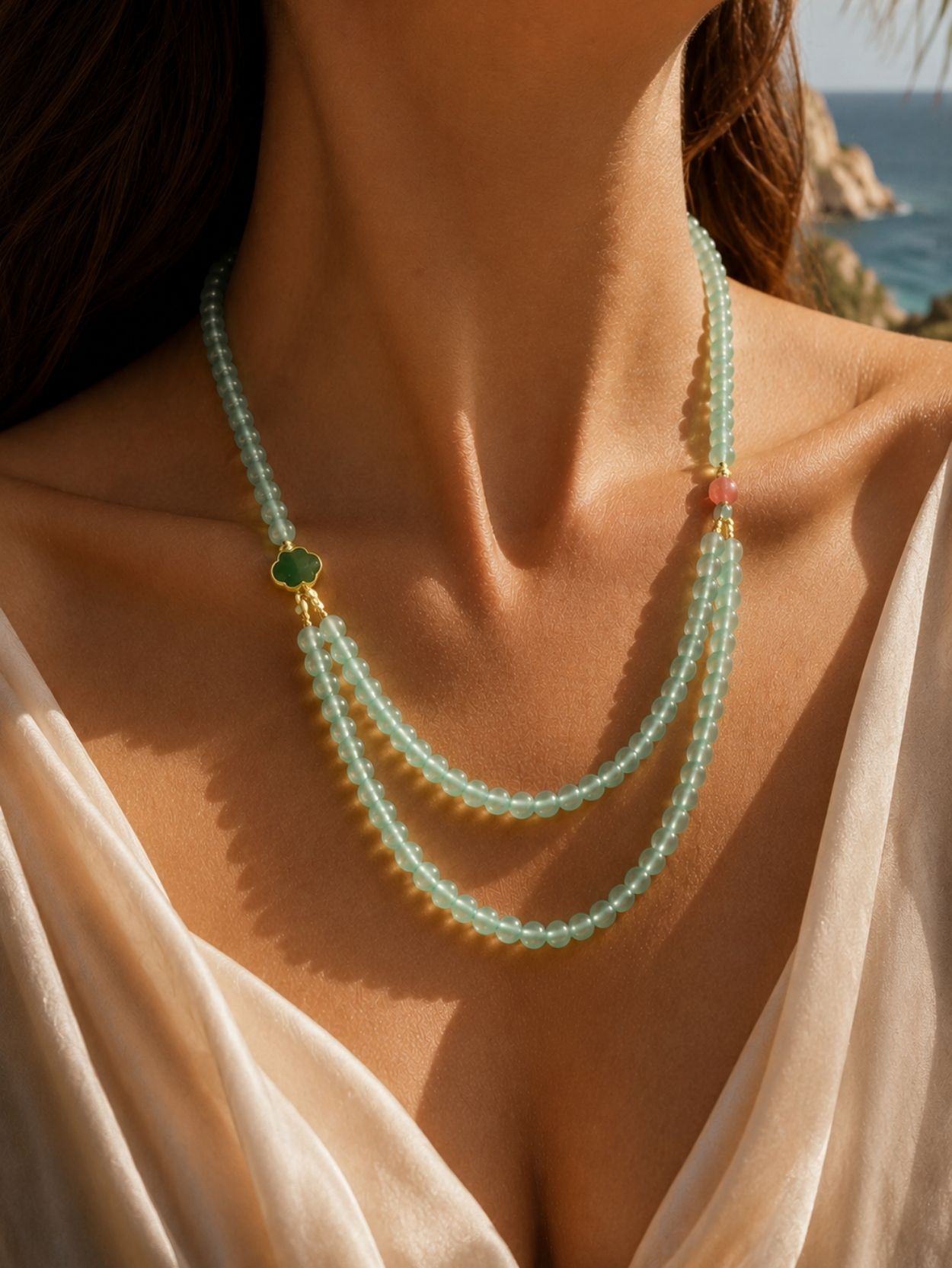 Green Natural Stone Layered Necklace SK62827 - Image 3