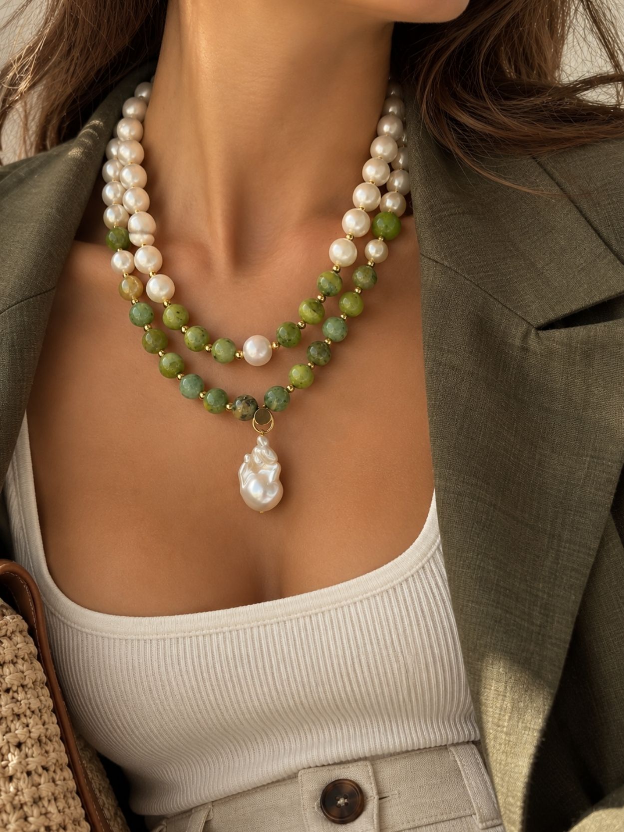 Green Natural Stone & Freshwater Pearl Layered Necklace SK63119 - Image 2