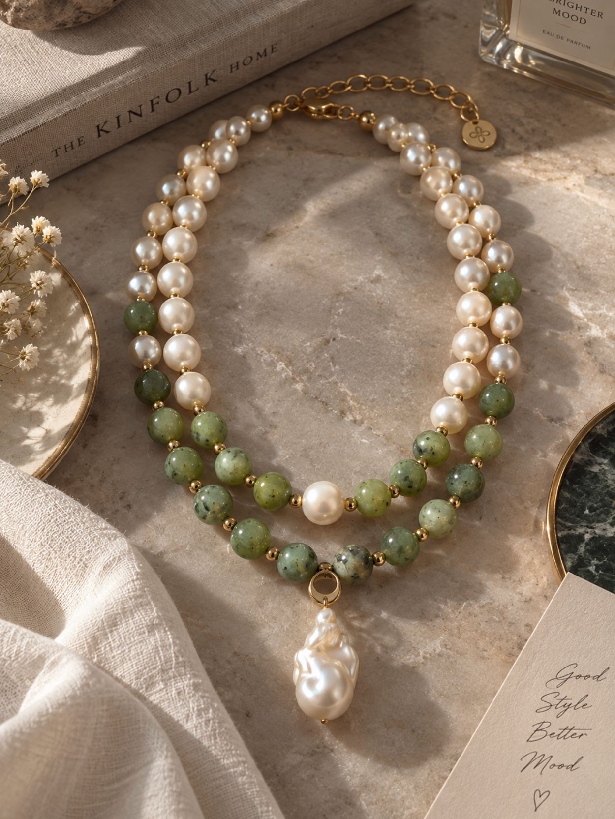 Green Natural Stone & Freshwater Pearl Layered Necklace SK63119 - Image 4