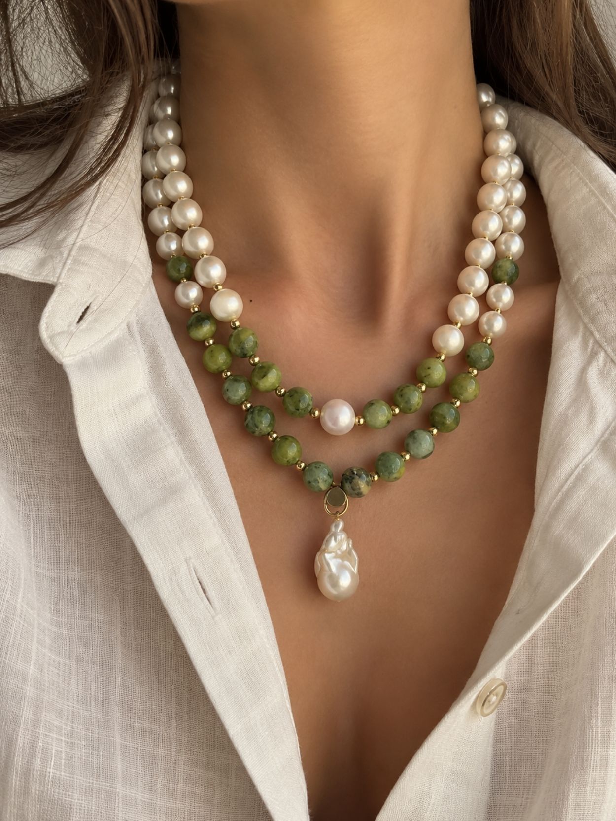 Green Natural Stone & Freshwater Pearl Layered Necklace SK63119