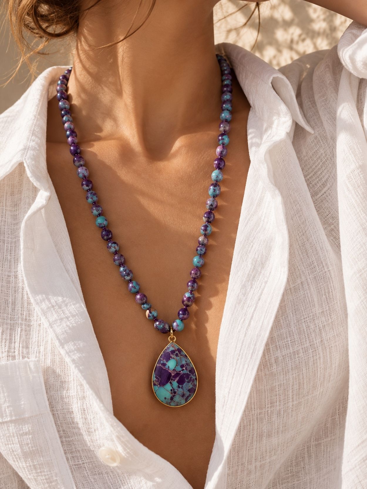 Purple Natural Stone Beaded Necklace with Teardrop Pendant SK63063