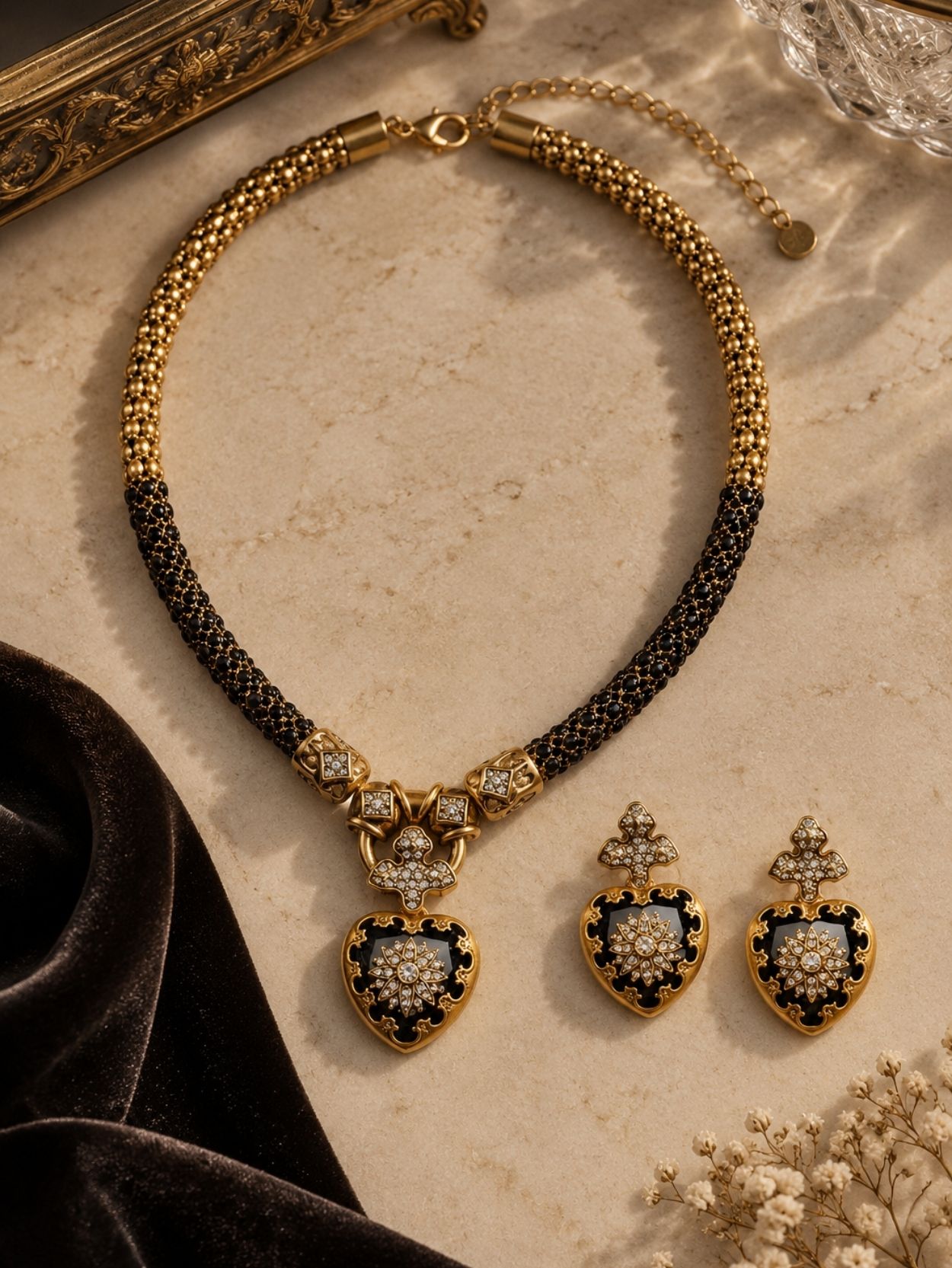 Black & Gold Rhinestone Necklace and Earrings Set SK63106 - Image 5