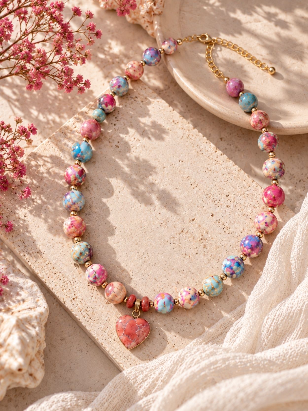 Pink Purple Beaded Necklace with Colorful Heart Pendant SK63076 - Image 5