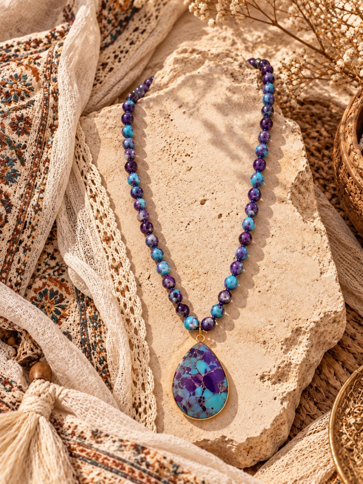 Purple Natural Stone Beaded Necklace with Teardrop Pendant SK63063 - Image 5